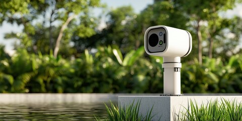 protect prevention policy concept. Outdoor security camera by a pond in a lush green setting.