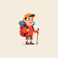 Cartoon Man Hiking with Backpack and Trekking Pole on Adventure