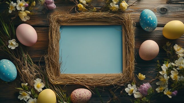 Easter themed background, showcasing an empty wooden frame surrounded by vibrant decorations such as colorful eggs and flowers, taken from a top-down perspective.