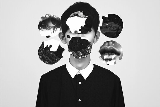 Psychedelic Generative AI Collage In Black And White With Surreal schizophrenic Concepts