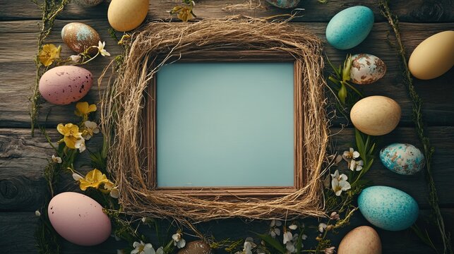 Easter themed background, showcasing an empty wooden frame surrounded by vibrant decorations such as colorful eggs and flowers, taken from a top-down perspective.