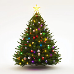 A festive Christmas tree adorned with colorful ornaments and twinkling lights.