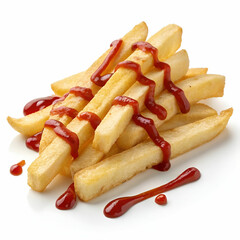 French fries with ketchup on a transparent background.