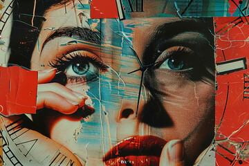 Collage portrait painting facial closeup eye contact print design art poster Generative AI technology