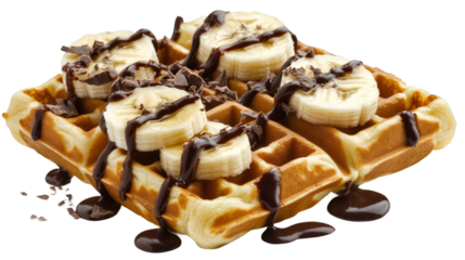 Waffle is topped with sliced banana and chocolate syrup on transparent background, making a sweet and tempting treat