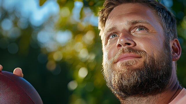 Close Up Portrait Water Droplets Man Beard Rugby Ball Outdoors - Powered by Adobe