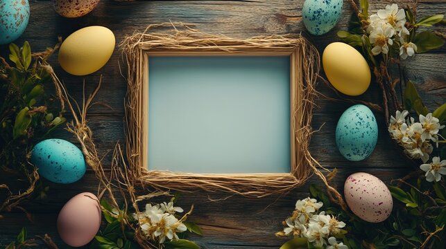 Easter themed background, showcasing an empty wooden frame surrounded by vibrant decorations such as colorful eggs and flowers, taken from a top-down perspective.