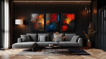 Abstract Art in a Modern Dark Living Room Interior Design