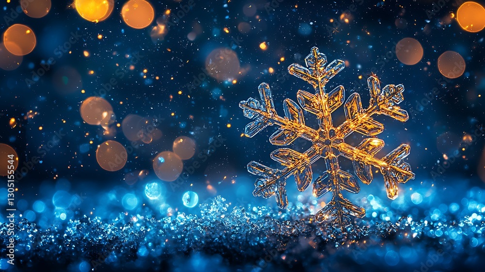 Poster festive snowflake, bokeh lights, dark background