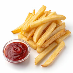 French fries with ketchup on a transparent background.