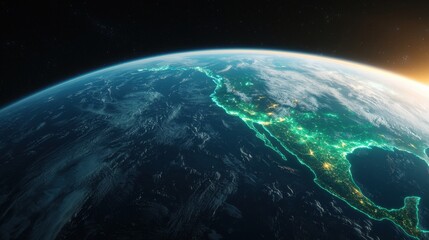 Obraz premium An aerial view of Earth showcasing illuminated landmasses and a vibrant atmosphere, highlighting the beauty of the planet from space.