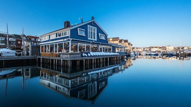 Waterfront Restaurant with Calm Harbor Reflection at Dawn
