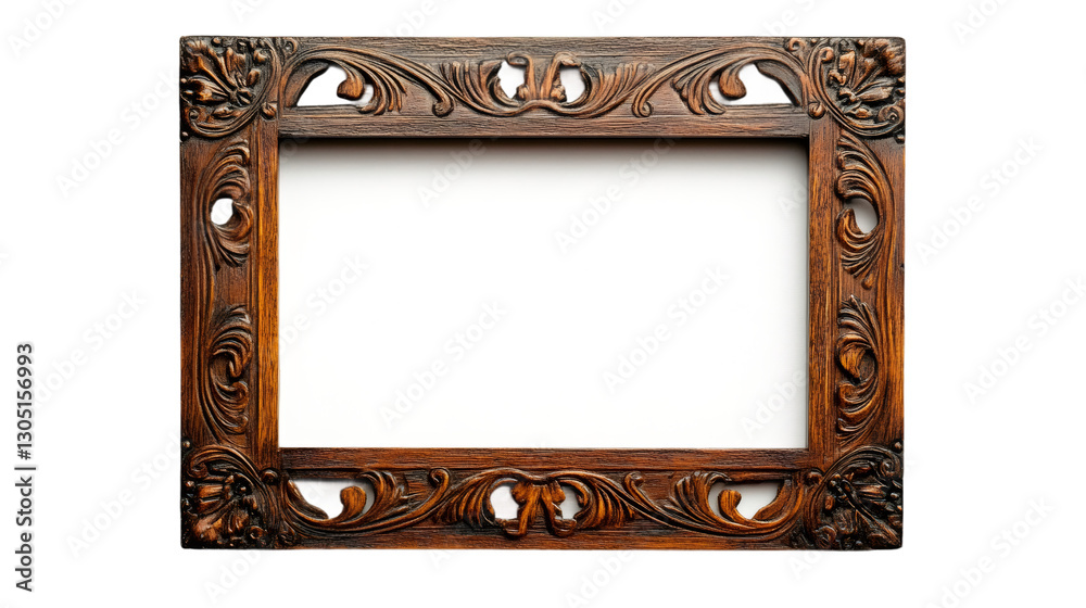 Poster classic ornate brown wooden picture frame with clipping path, featuring intricate floral carvings an