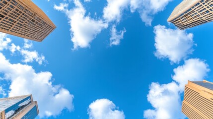 Low angle view of modern buildings against a bright blue sky with fluffy white clouds. The buildings are tall and appear to surround the viewer, creating a sense of enclosure and upward perspective.