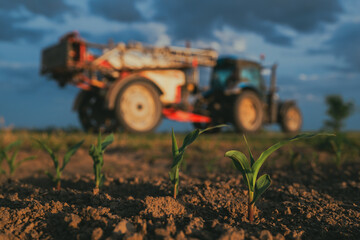 Clean maize corn crop plantation field without weed and tractor with crop sprayer attached in...