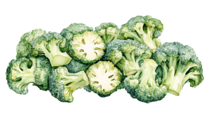 Fresh and healthy broccoli florets, captured in a vibrant watercolor painting, ideal for food illustrations, recipe books, or healthy eating promotions