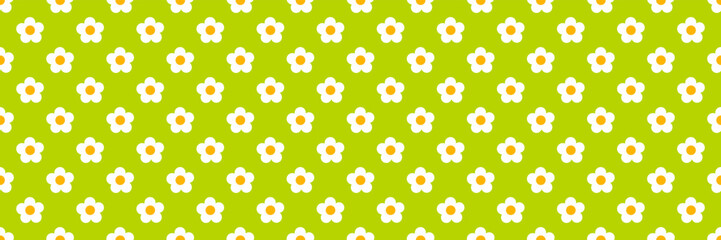 Cute white flowers seamless pattern. White daisies on green background wallpaper design. Vector illustration.