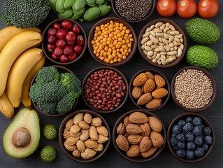 Vibrant healthy food arrangement kitchen table food photography natural light top view nutritious ingredients