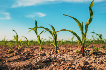 Young green corn crop seedling plants in cultivated perfectly clean agricultural plantation field with no weed, low angle view