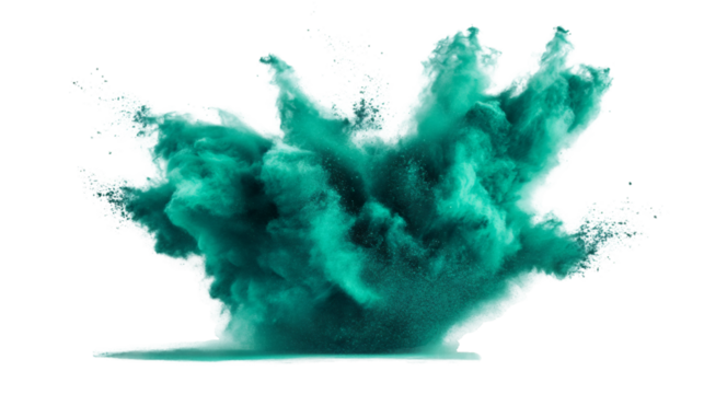 Turquoise powder bursting, forming billowing cloud against transparent backdrop