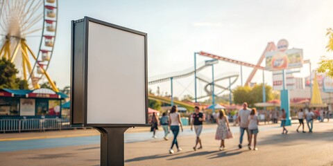 Obraz premium Large blank billboard mockup in a lively amusement park with a ferris wheel and blurred people in the background. Ideal for advertising and promotional designs.