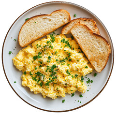 A plate of scrambled eggs with toast isolated on transparent background.