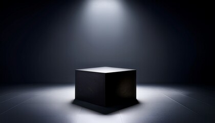 black cube stand for product placement mockup dark podium exhibition scene background minimal box platform showroom with spot light