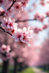 Obraz premium Abundant pink and white cherry blossoms in full bloom on a tree, early spring light , floral photography, light pink