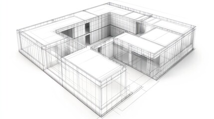 Architectural Design of a Modern House, 3D Wireframe Rendering