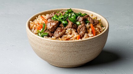 Delicious Beef and Vegetable Fried Rice in a Bowl Asian Cuisine Close up