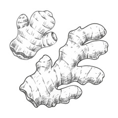 Detailed ginger root sketch illustration, showcasing its natural curves and texture in vintage style. Perfect for culinary designs, food packaging, botanical art, and herbal themes.