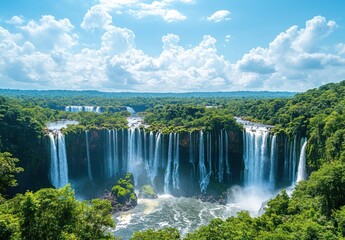 Fototapeta premium Stunning View of Majestic Waterfall Surrounded by Lush Green Forest Under Bright Blue Sky with Fluffy White Clouds
