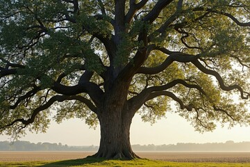 Fototapeta premium A Large Tree in the Middle of a Field With a Bench Under It - Generative AI