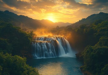 Fototapeta premium Stunning waterfall cascading down rocky cliff surrounded by lush greenery and illuminated by golden sunset light in serene nature landscape