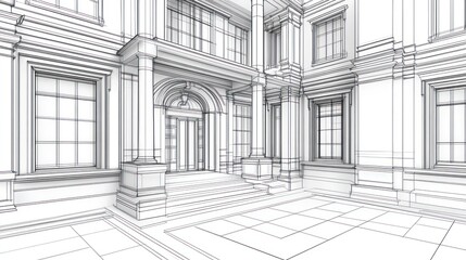 Architectural drawing of a large building facade, exterior view, possible use for design plans