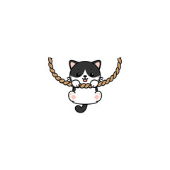 Cute cat black and white color hanging on rope cartoon, vector illustration