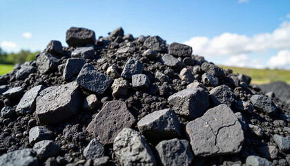 Artistic coal arrangement under blue sky in outdoor landscape, visual aesthetics