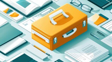 A stylized vector image of a suitcase, airplane, and office documents in a modern design.
