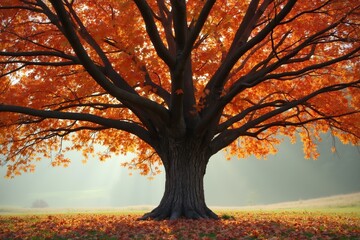 A Large Tree in the Middle of a Field With Leaves on the Ground - Generative AI