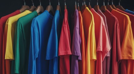Rainbow Colored Shirts Displayed on Hangers in a Vibrant Array Showcasing Various Hues for Fashion and Apparel Enthusiasts