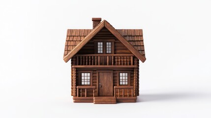 Wooden log cabin miniature model against white background for real estate or home design