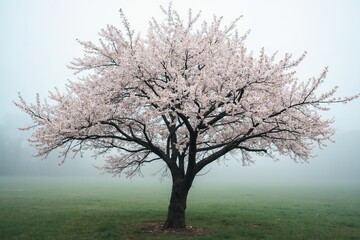 Obraz premium A Tree With Pink Blossoms in the Middle of a Foggy Field - Generative AI