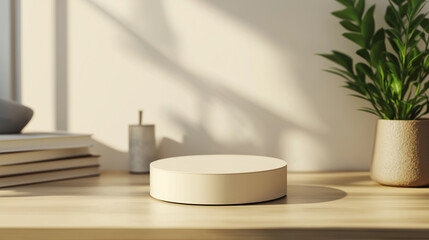 Minimalist product display on a wooden surface.  Neutral colors and soft light create a serene atmosphere.