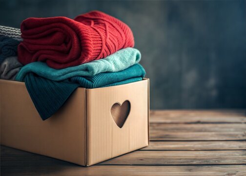 Donated Clothes in a Cardboard Box Ready for Charity