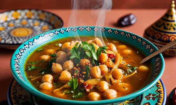 Bowl of traditional Moroccan harira soup in ceramic bowl. The hearty soup is filled with chickpeas, herbs, and spices. National cuisine, restaurant menu