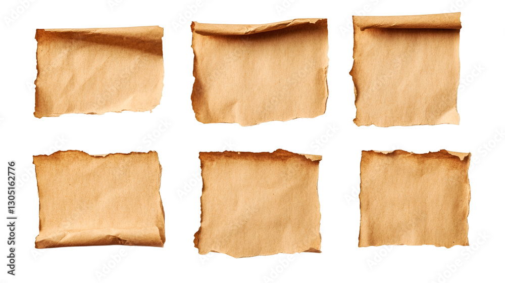 Poster six old burnt paper sheets with curled edges isolated on transparent background, ideal for graphic p