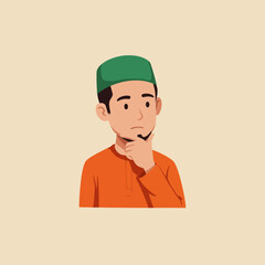 Man Thinking with Hand on Chin Wearing Traditional Cap and Shirt