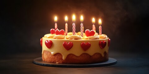Celebratory cake with candles and hearts during a birthday gathering at night