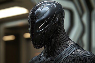 Black futuristic helmet, sleek design, dark space
