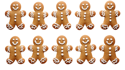 Ten delicious gingerbread men with icing decorations, isolated on transparent background, perfect for Christmas projects
